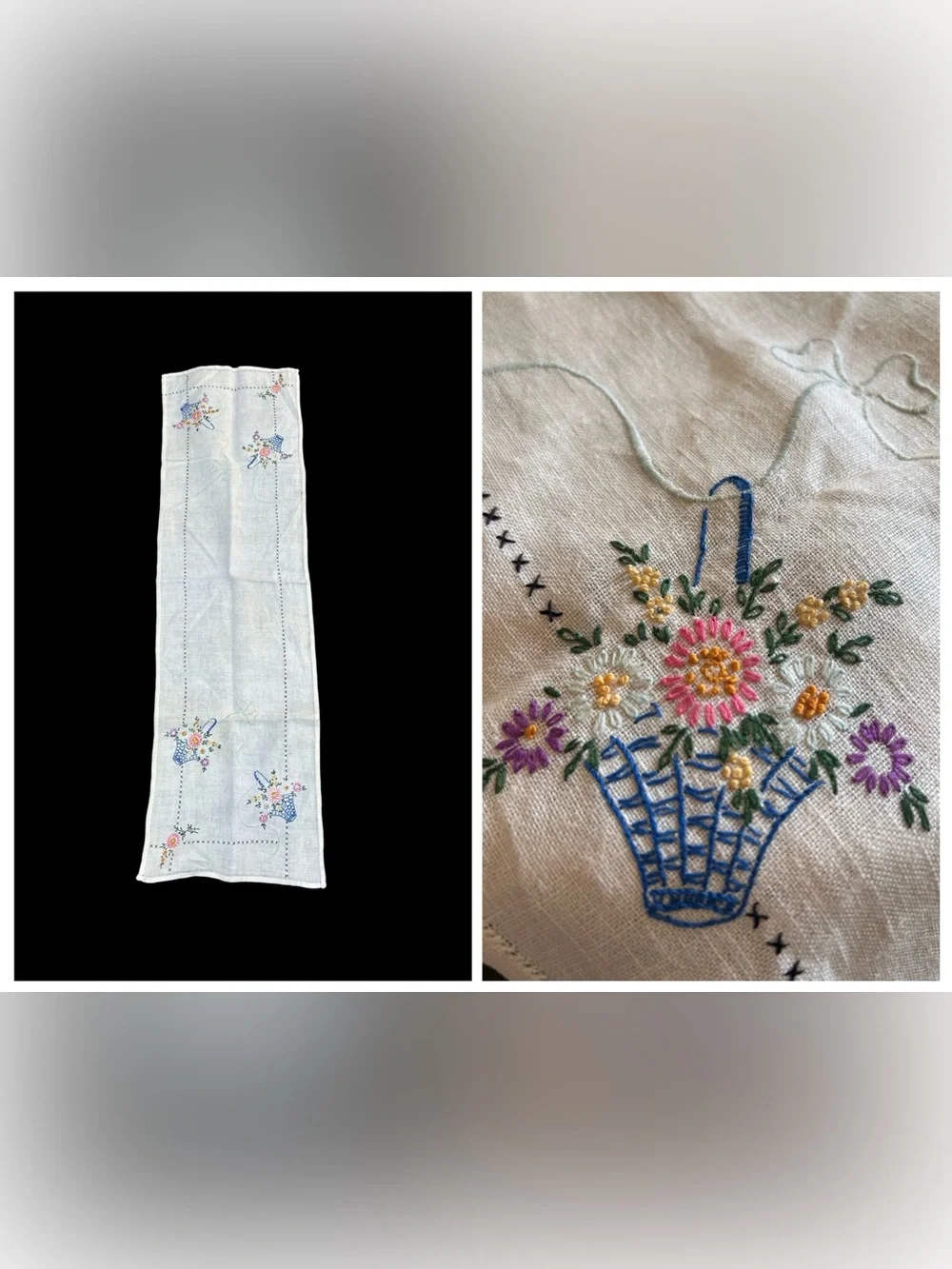 Vintage Hand-embroidered Runner Basket Floral Cross Stitch 40